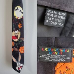 Vtg Looney Tunes Mania Halloween Tie Bugs‎ Bunny Tasmanian Devil Pumpkins 1995
